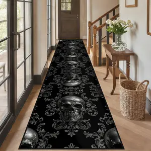 Gothic Skull Area Rug Runner - 3D Black & Silver Baroque Floral Hallway Carpet, Non-Slip Suede Floor Mat for Entryway, Kitchen & Bedroom (50x120cm, 60x200cm, 60x300cm)