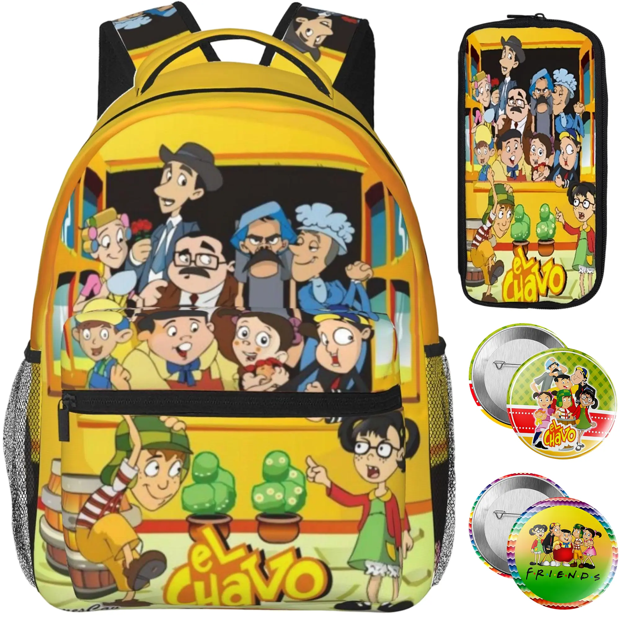 El chavo Backpack Set with Backpack, Pencil Case & 2 Badges ,Chavo Laptop Bookbag for Teens Girls, El chavo del ocho Travel Bag, Ideal Present for Birthday Xmas Holiday Gift