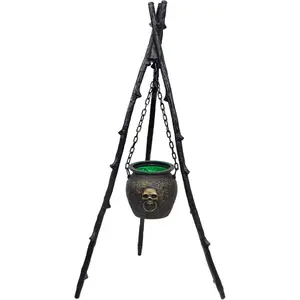 4.6ft Outdoor Halloween Decorations Cauldron on Tripod with Green LED Lights, Hocus Pocus Decor Plastic Witches Cauldron, Waterproof Candy Bowl for Halloween Party, Patio Yard Porch Decor