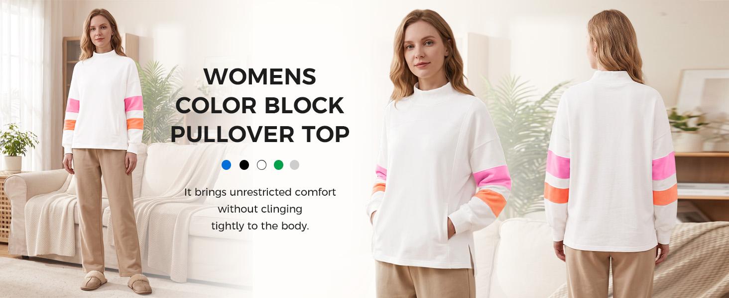 Fisoew Women's Knit Soft Minimalist Color Block Stripe High Neck Hoodie - Ribbed Lightweight Fleece Fabric, Oversized Drop Shoulder Longsleeves, Side Split Loose Casual Tunic Pullover Sweatshirt