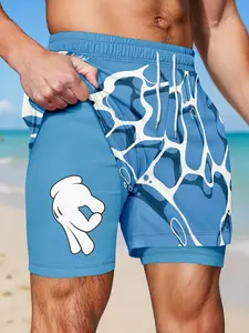 Men's Gesture Print Lined Shorts, Hawaiian Printed Shorts, Casual Wear Shorts, Two-In-One Beach Pants Mid-Waist, Hawaiian Vacation Casual Elastic Drawstring Waist Designer Clothing