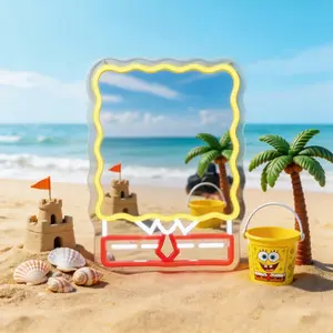SpongeBob SquarePants Cute Yellow Square Cartoon Neon Mirror Light, Kawaii Funny Face Vanity Mirror with LED Glow, Aesthetic Room Decor for Kids Girls Bedroom Playroom Gift, Fun Decorative Mirror Lamp