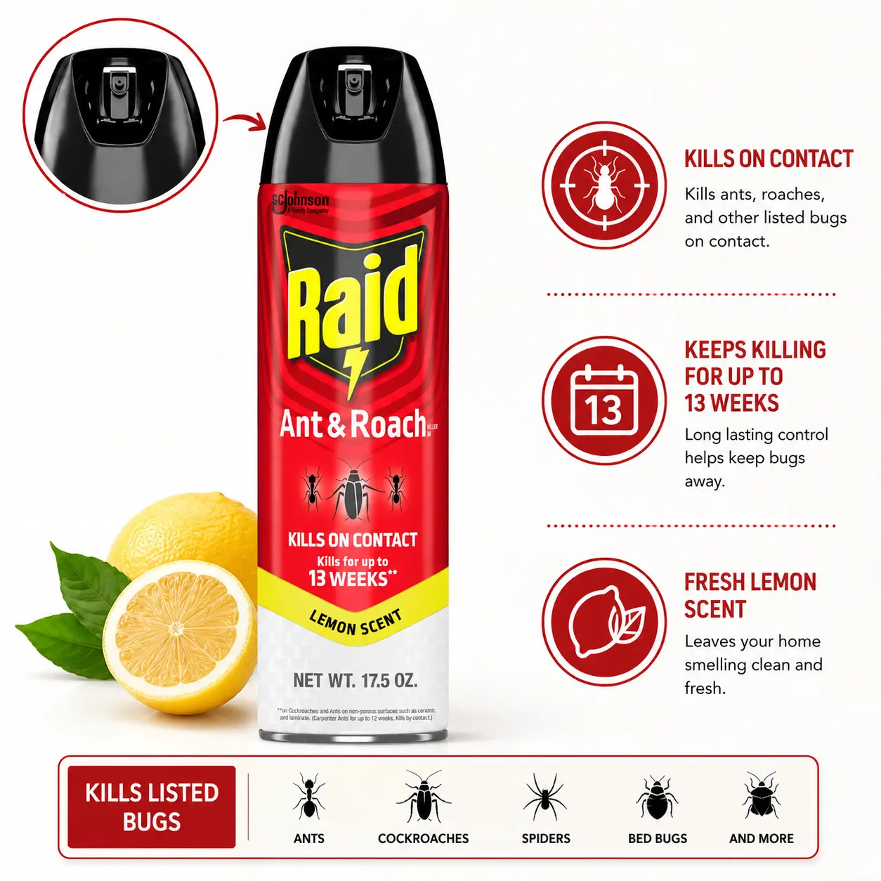 Raid Ant & Roach Killer Spray, 17.5 oz Lemon Scent, 13-Week Residual Killing for Listed Bugs, Cockroach Pest Control, Roach Repellent Multi-Insect, Fly Control Multi-Insect, Bug-Free Living, Insect Killer