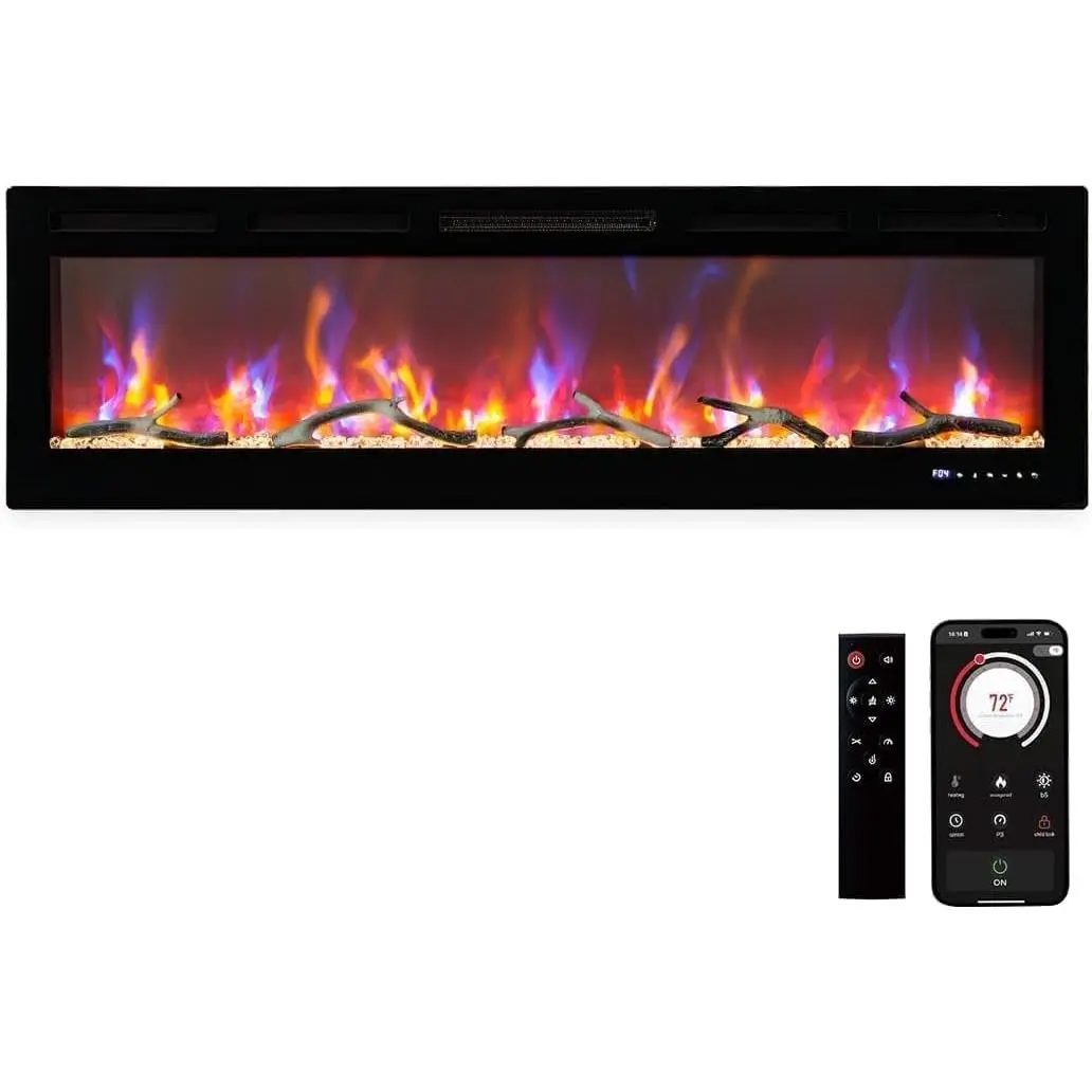 GARVEE 70" Electric Fireplace, Recessed/Wall Mounted Linear Fireplace with WiFi & Remote Control, Multicolor Flame Effect, 750W/1500W Heating, Includes Log & Crystal Decor, Black