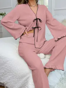 New Spring Summer Fashion Wooden Cuff Tie Long Sleeve Pants Sleepwear Set for Women, Elegant Cute Princess Style Loose Fit Home Wear