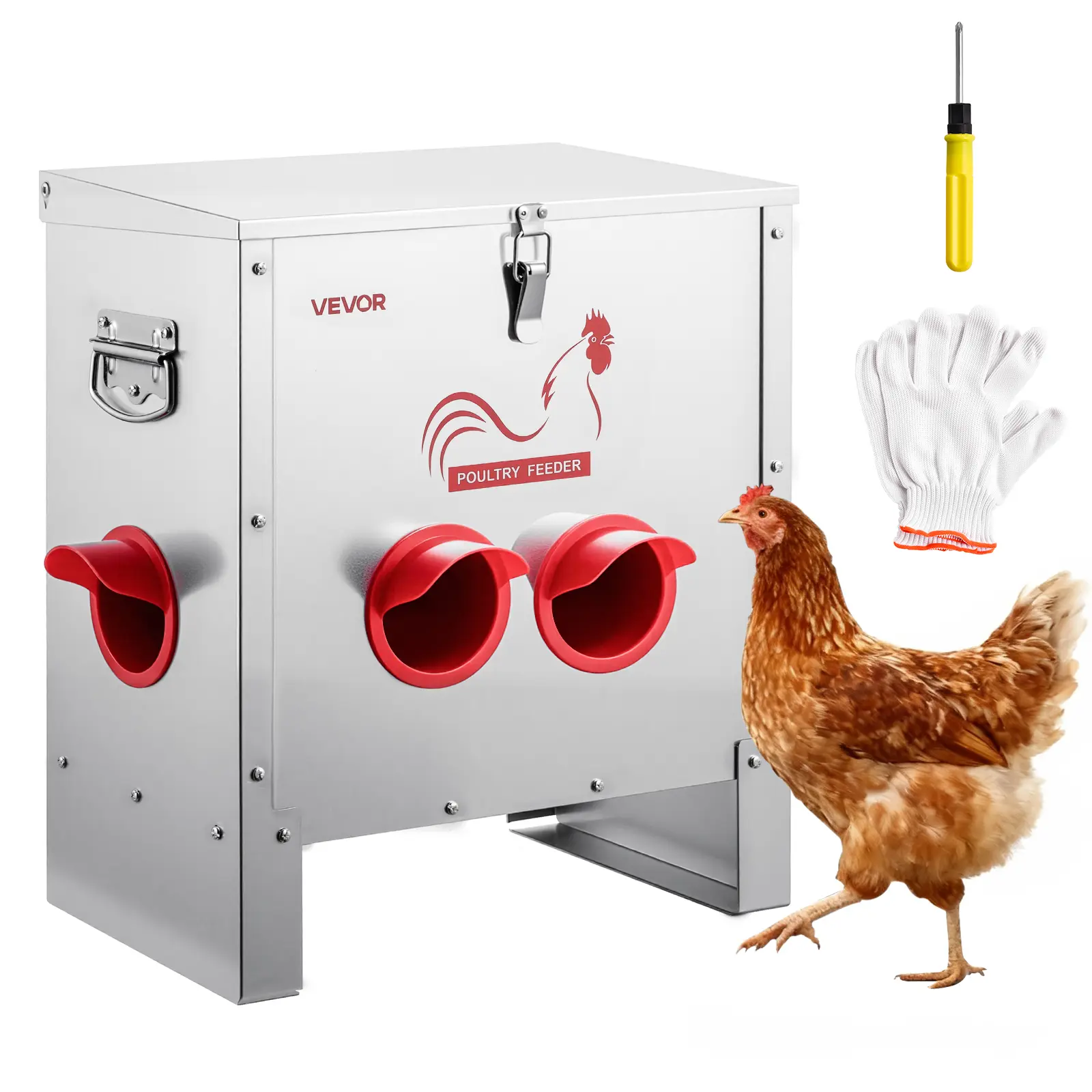 VEVOR Large Automatic Chicken Feeder, 25 lbs Capacity, 6 Feeding Ports, No-Waste Tool for Crushed Feed & Crumbs, Gravity-Fed, Lockable Handle Latch Lid, Waterproof Metal-Polypropylene Build, All-Seasons Use, Detailed Manual Included