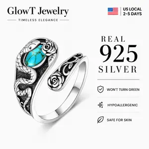 925 Sterling Silver Oxidized Snake & Turquoise Rose Adjustable Ring, Gothic Serpent Statement Band for Women Boho Rose Motif Oxidized Silver Open Wrap Jewelry