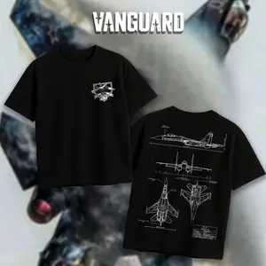 VANGUARD Su-27 Flanker Blueprint Double Sides Heavy Cotton T-Shirt Vintage Sukhoi Aviation Graphic Tee Military Enthusiast Streetwear Clothing Gift for Men Breathable Printing