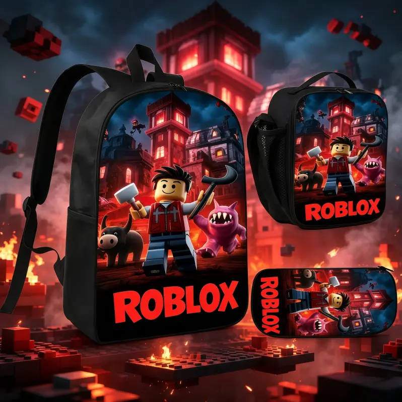 3 in 1 Roblox Backpack Set for Boys, Water Resistant Kids Gaming Bookbag with Insulated Lunch Box & Pencil Case, Roblox Merch Elementary School Bag, Durable Padded Shoulder Game Themed Backpack for Students Travel Camping Daily Use