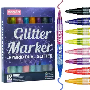 16 Colors Dual Tip Glitter Markers, Glitter Metallic Shimmer Marker Set of 8, Acrylic Paint Pens for Rock Painting, Black Paper, Wood, Canvas, Stone, Glass, Ceramic, DIY Crafts Making