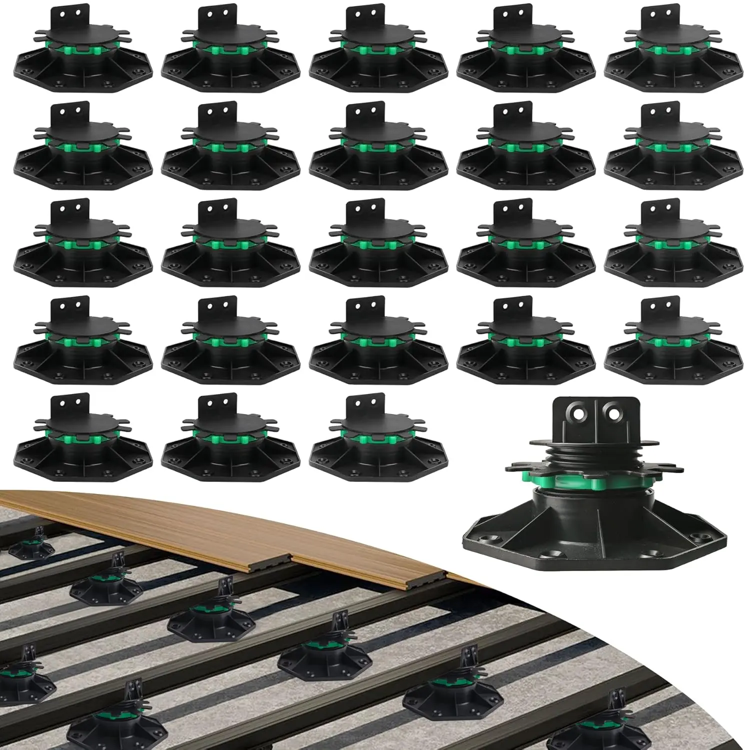 Adjustable Plastic Deck Pedestals, 24 count Heavy Duty Deck Blocks Foundation Base Support, Decking Foundation Blocks Level up /16" to 2-3/8", Deck Pedestal Flooring Platform Joists Beams Support