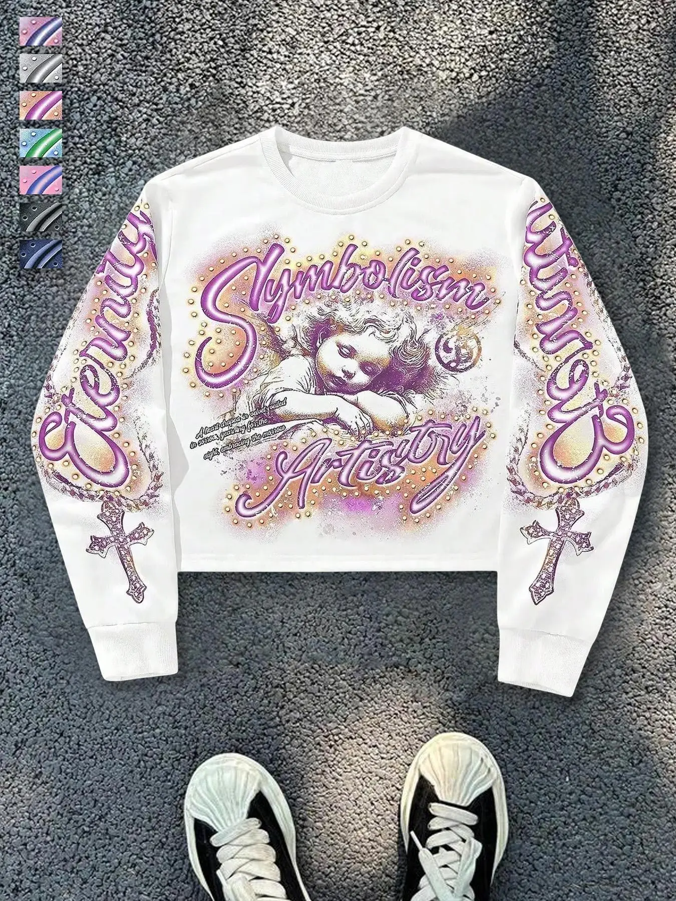 Unisex Y2K Angel Print Graphic Short Cropped Round Neck Sweatshirt Pullover, Casual Sweatshirts, Rhinestone Symbolism Artistry, Loose Long Sleeve, Soft Cotton Fabric, Streetwear Style, Casual, Fashion, Tops