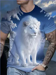 Men's Fashion Casual Streetwear Short Sleeve T-Shirt, Lion Sky Cloud Pattern Print, All Season Fitted Tee, Long Clothing Length
