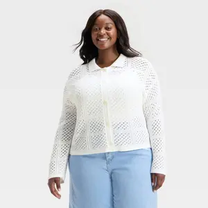 Women's Openwork Button-Front Cardigan - Universal Thread White 1X