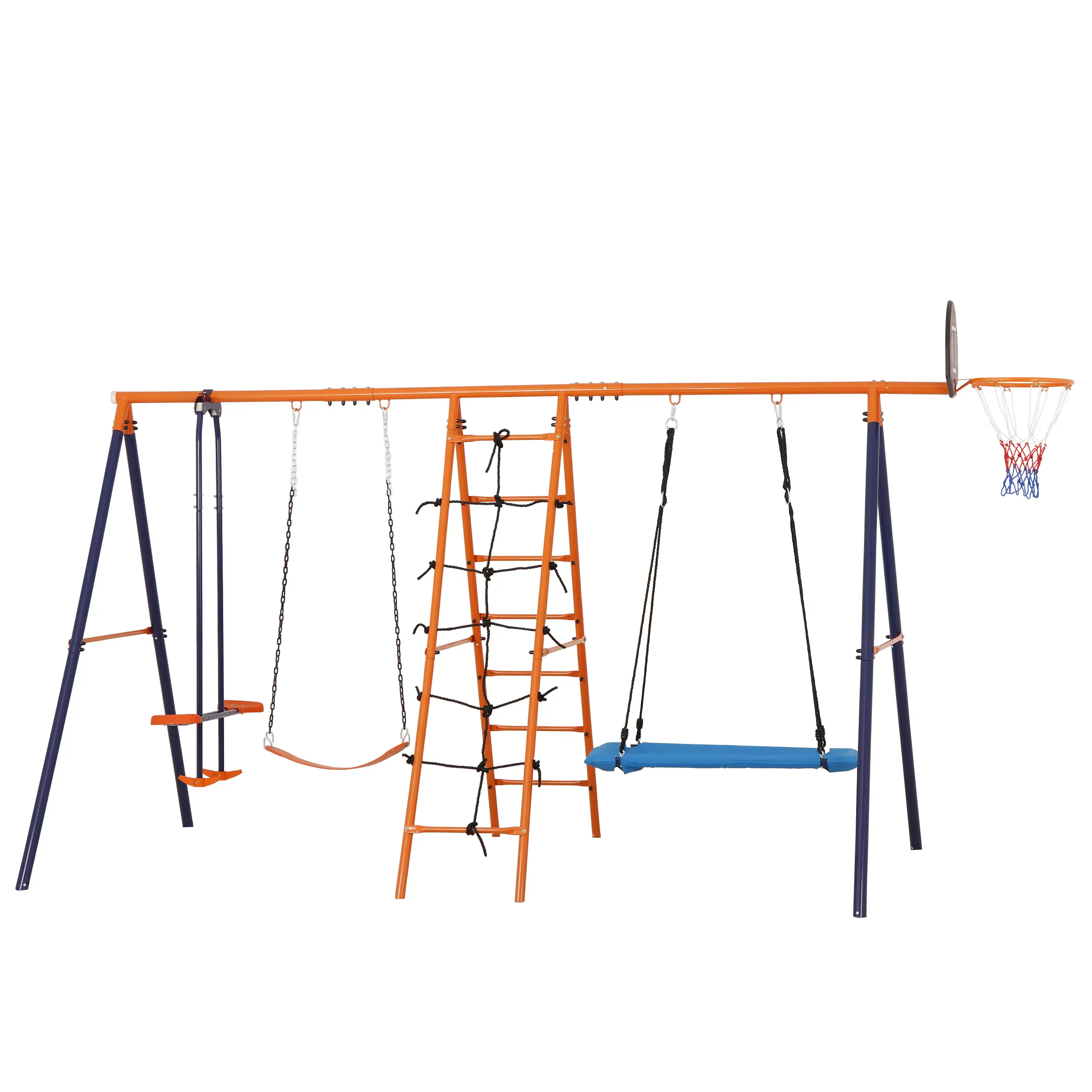 Answer E Outdoor 5-in-1 Kids Swing Set 660lbs Metal Playset for Backyard W/Saucer, Belt Swing, Seesaw, Basketball Hoop, Climbing Ladder & Net, Playground Set, Metal Build, Adjustable, Playground Equipment