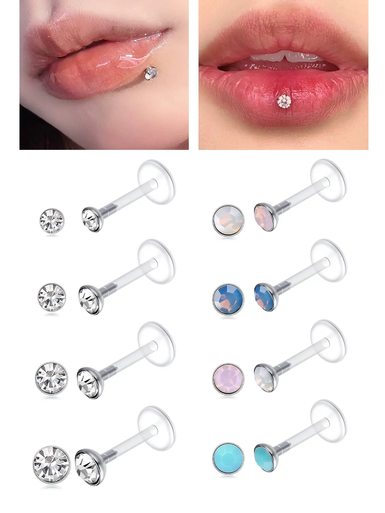 8PCS 16G Clear Push Top Piercing Retainers Earrings For Work, Bioflex Lip Rings Labret Helix Tragus Medusa Monroe Retainer For Women Men 6-10mm Bar Length, Fashion Body Jewelry, Body Piercings