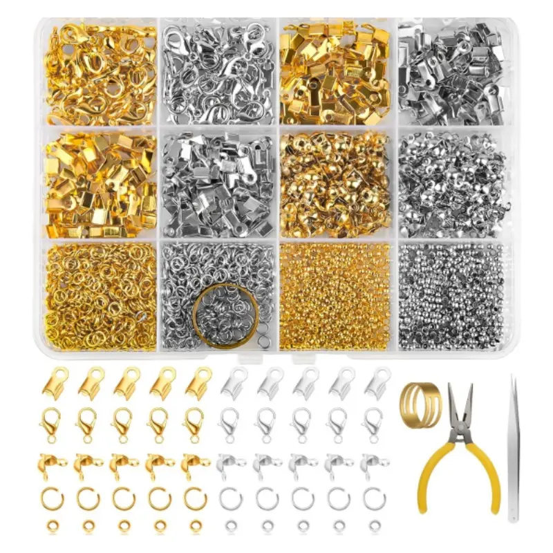 1273-Piece DIY Jewelry Making Accessories Kit with 1 Pointed Nose Pliers, 1 Straight Tweezer, 200 Clips, 200 Wrapped Edge Ends, Lobster Clasps, Connectors, Positioning Beads, Ring Clasps, Gifts for Friends, Ideal for Bracelets, Necklaces, Waterproof