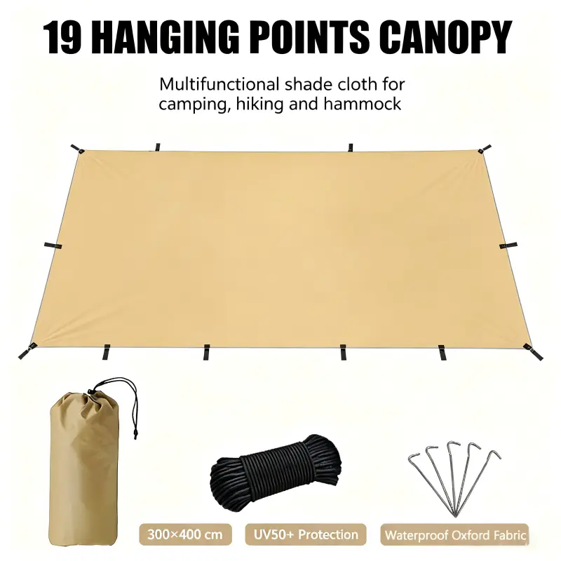 Large Waterproof Camping Canopy Tarp 19 Hanging Points UV Sun Protection Lightweight Portable Tent Footprint Hammock Shade Awning with Complete Kit