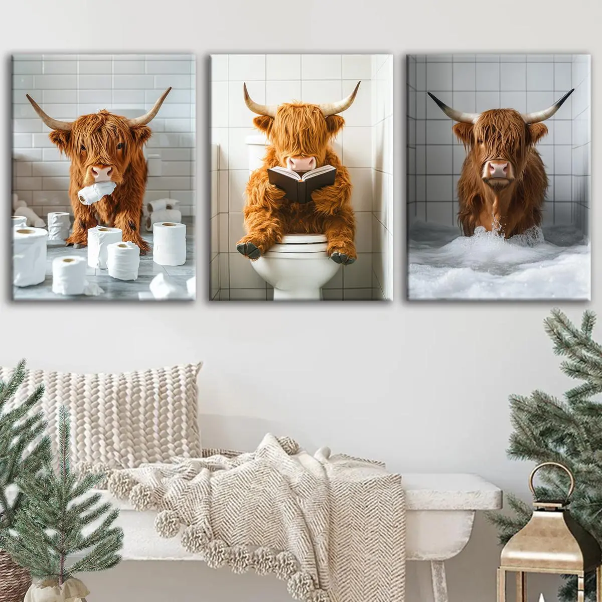 3 Count wood frame canvas, Fun Highland Cattle poster, Animal Yak Decoration, Modern Art Design, Vintage Animal bathroom poster, home Poster, Apartment Dorm poster, Office, Room, Bedroom wall Decoration, Home Decor Accessory, HD, waterproof, Artwork