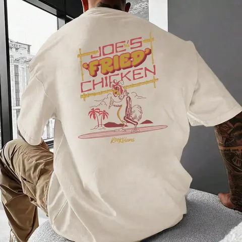 Men's Letter & Chicken & Tropical Landscape Print Round Neck Tee, Street Casual Regular Fit Short Sleeve T-shirt for Summer, Menswear for Daily Wear