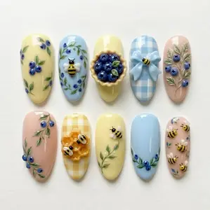 Handmade Blueberry Pie Press On Nails | 3D Honey Bee Honeycomb & Gingham Bow Art