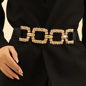 CHICME Women's Alloy Waist Belt, Stretchy Waistband with Chain Decor and Buttoned Waist Design, Fashion Dress Accessory, Stretchy Waist Belt