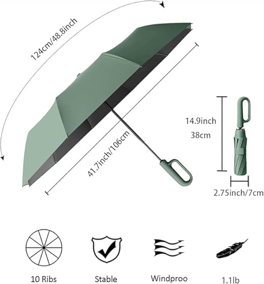 10-Rib Windproof Automatic Folding Umbrella with Loop Handle, Compact Fold, UPF50+ Sun & Rain Protection, Portable Compact Umbrella, Stylish Design, Suitable for Both Men and Women.