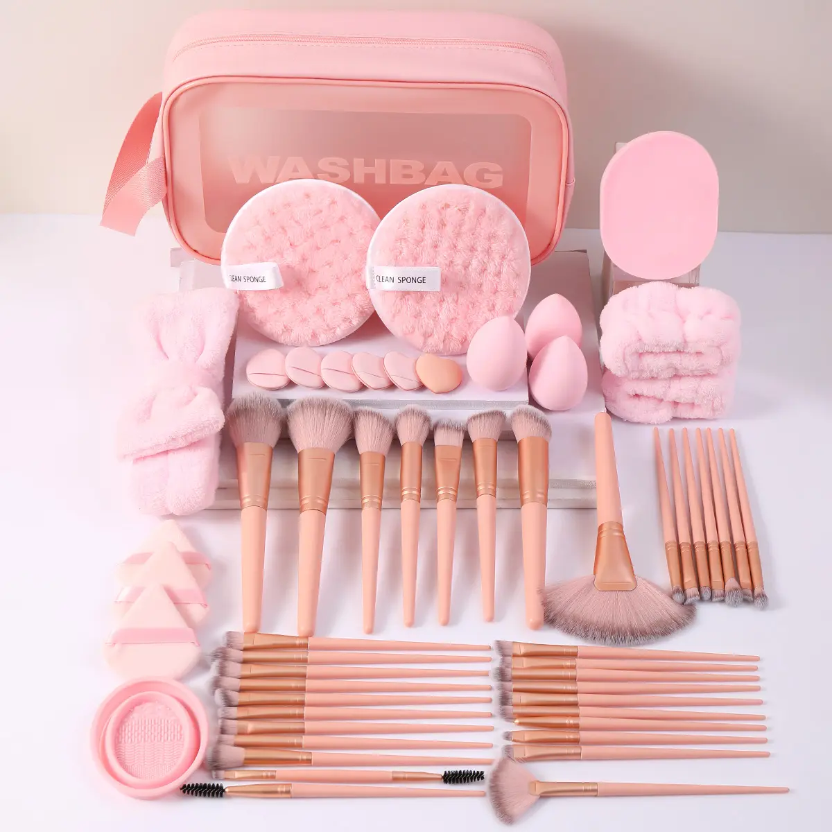 Ultimate Makeup Tools  56PCS Includes Waterproof Cosmetic Bag 36  3 Sponges 3 Triangle Puffs 6 Mini Air Cushion Puffs 3 Cleansing Sponges 1 Hairband 2 Hand Bowl Straps 1  Cleaning Tool Smooth Application, Makeup  Kit complexion brush set full