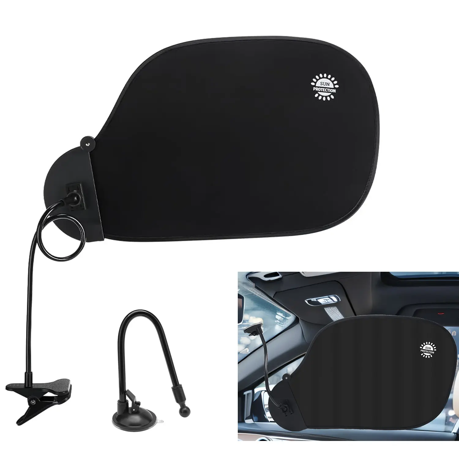 Adjustable Car Side Window Sun Shade with Flexible Gooseneck, 360° Rotatable Blackout Sun Visor, 2 Mount Options Suction Cup & Clip On, Foldable Heat & UV Block Sunshade for Car Driver Seat, Office Desk Personal Sun Blocker