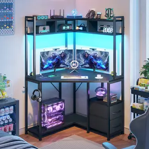 【Corner desk】Raybee 35.4"W x 63"H Sturdy Home-office Desk with Hutch & LED Lights, Triangle Corner Desk & Computer Desk with 2 Drawers for Storage & Shelves & Hook, Study Desk for Bedroom, Small Space gaming desk,perfect for tiny room space, Easy Assemble