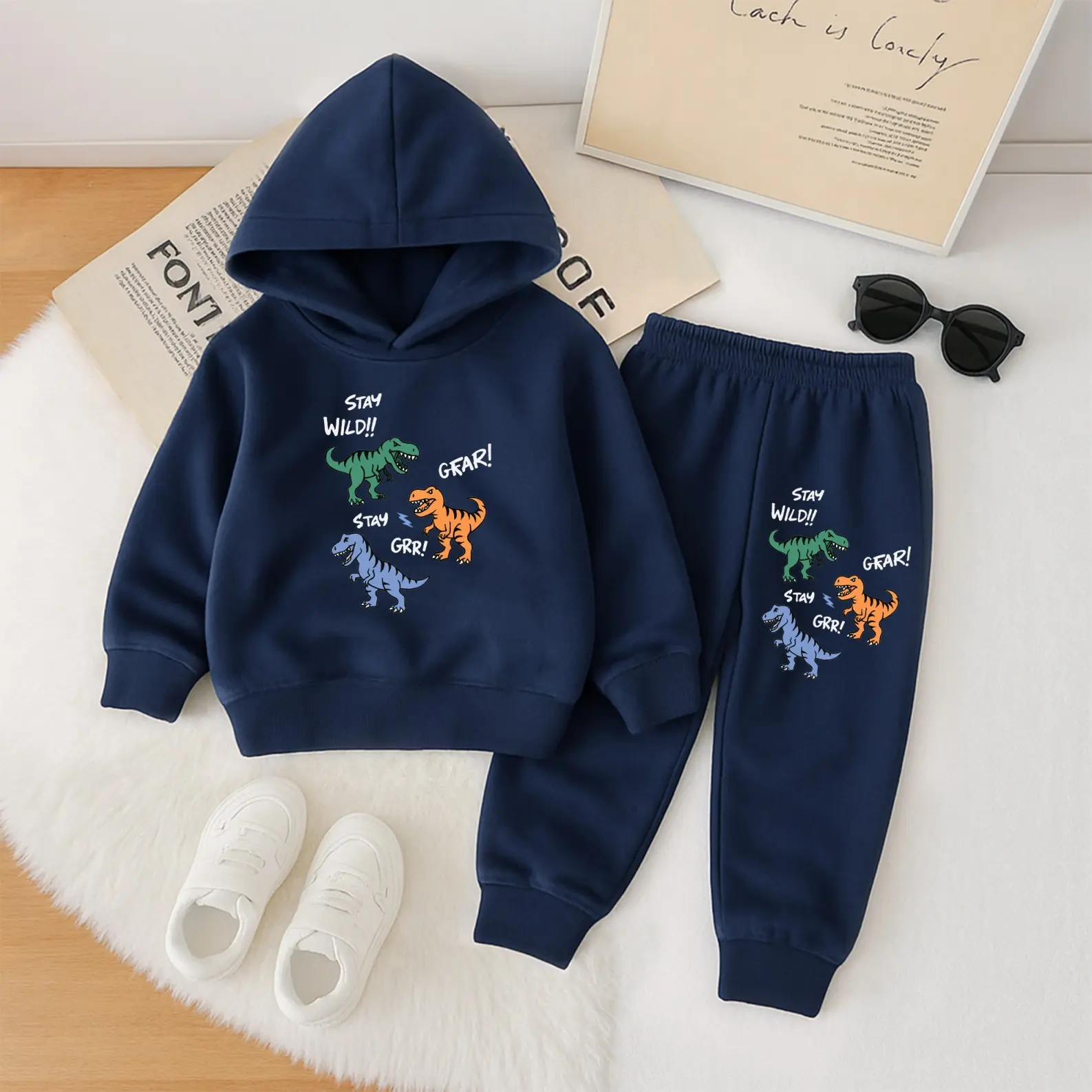 Kids' Unisex Dinosaur Graphic Print Fleece-Lined 2-Piece Hoodie Matching Tracksuit Set - Sweatshirt & Joggers, Athleisure Wear for Autumn Casual Indoor Use, Matching Set, Graphic Print Set