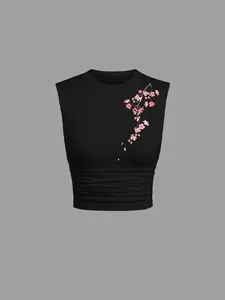 Women's Floral Cherry Blossom Print Round Neck Tank Top, Fashion Casual Sleeveless Top for Daily Outdoor Wear, Ladies Clothes for Summer, Womenswear