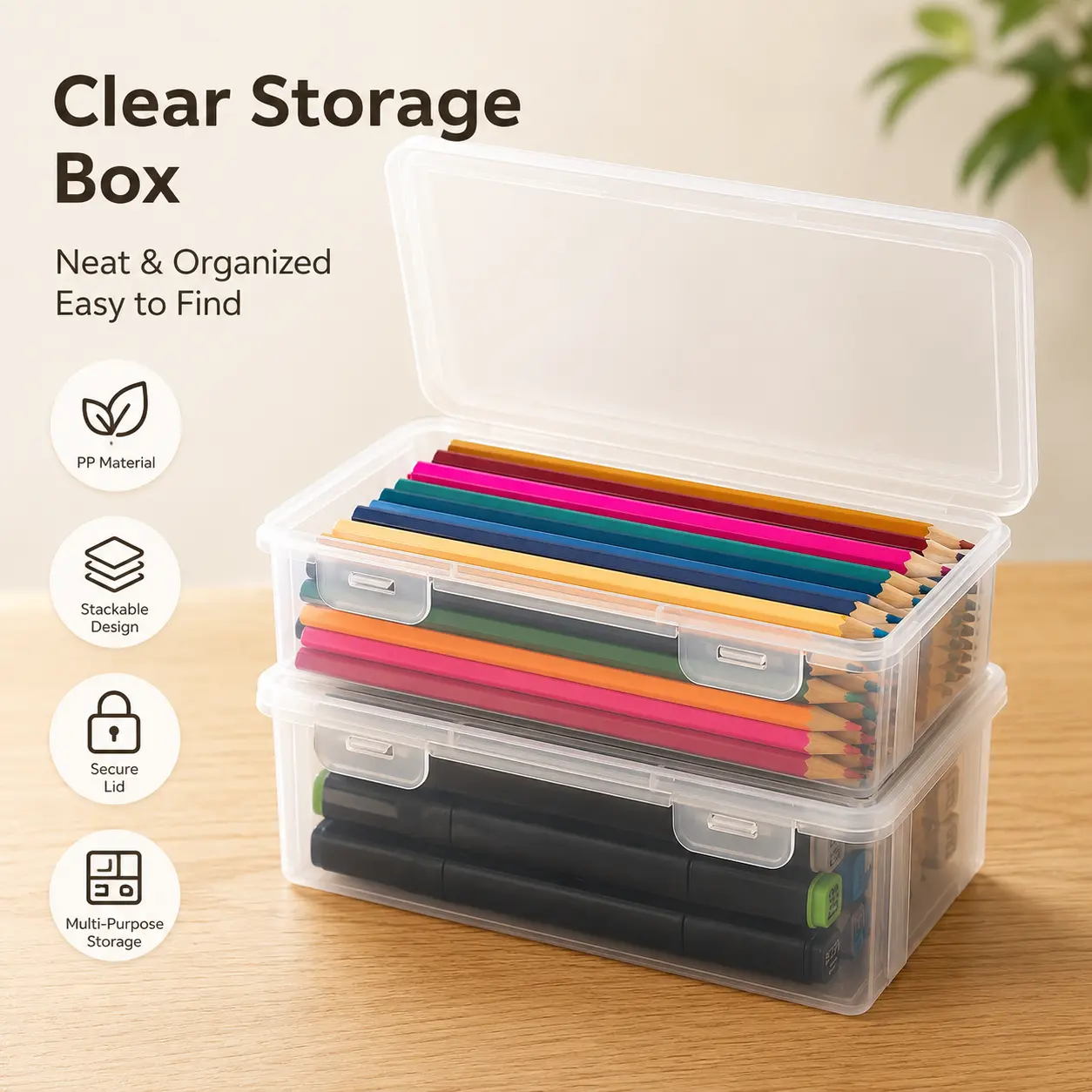 4 Counts, Clear PP Stationery Storage Box with Lockable Lid, Large Opening for Pens and Small Desktop Supplies Organization