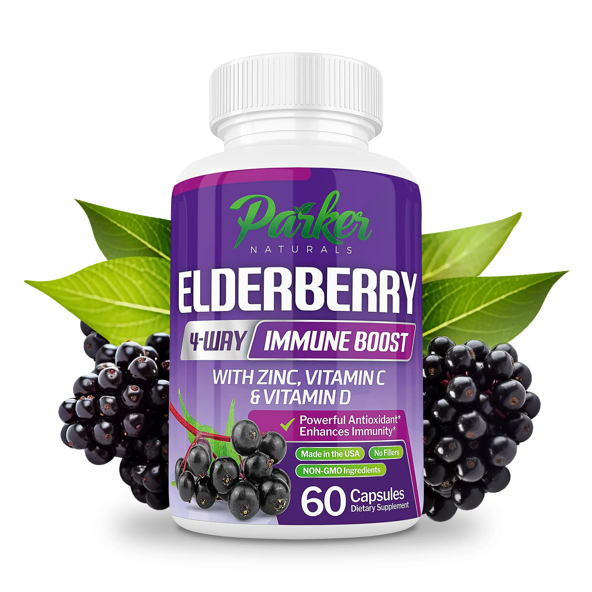 Parker Naturals Organic Elderberry Capsules, 4-Way Immune Boost, Vitamins C, D, and Zinc Support, 1260.1 mg Elderberry, 60 Capsules Healthcare Dietary