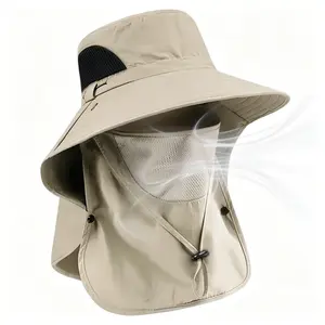 Wide Brim Sun Hat UPF 50+ with Detachable Face Mask and Neck Flap Breathable Waterproof UV Protection Summer Outdoor Fishing Hat for Men Women Pack