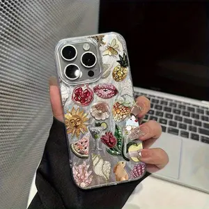 Pomegranate Flower Print Beaded Phone Case for iPhone 17 16 15 14 13 12 11, Stylish Protective Cover, Unique Design, Perfect Fit