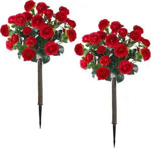Sunnyglade 35.5" Set of 2 Artificial Camellia Tree, Faux Red/White Camellia Flowers Plant with Spike Fake Silk Flora Topiary Plants Tree for Indoor, Garden, Yard, Porch, Patio Decoration