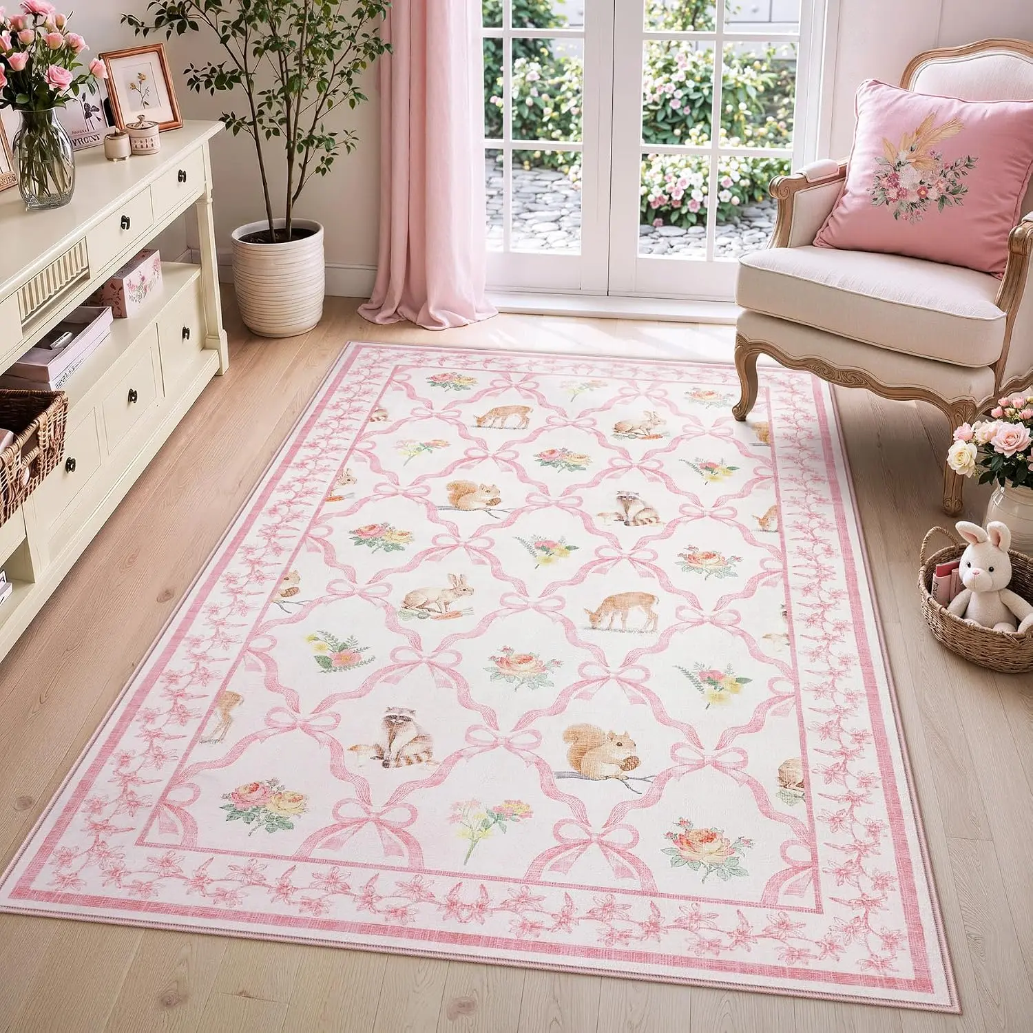 Tribesigns 3x5/5x7 Pink Floral Bow Moroccan Rug for Girls Bedroom | Washable, soft, low-pile, non-slip woodland animal area rug for nursery, dorm, kids playroom decor, includes 4 rug grippers