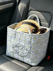 Blue Floral Quilted Large Capacity Beach Tote Bag, Ruffle Car Storage Basket, Multi-Function Handbag for Travel & Picnic