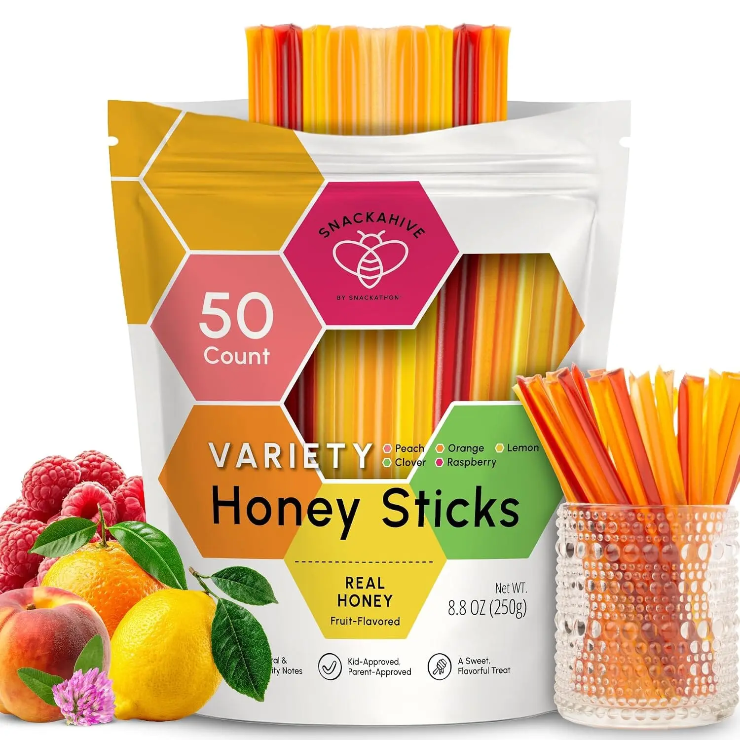 Snackathon Honey Sticks Variety Pack, 50 or 100 Count Bulk (Clover, Lemon, Peach, Orange and Raspberry), Fruit-Flavored Honey Straws for Tea & Coffee, Single Serve (1 Teaspoon per Stick), Made in USA