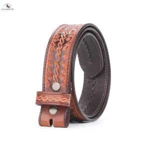 Stylish Belts - Heavy-Duty Cowhide Waist Belt, Resistance Design, Leaf-Tooled Leather, Center-Stitched Line, Buckle-Free