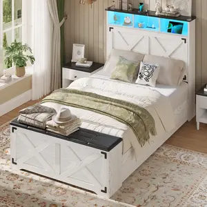 Hasuit Farmhouse Bed Frame Twin Size with Storage Headboard, Charging Station and LED Light, Wooden Twin Bed Frame with Storage Ottoman, Barn Door Design, No Box Spring Needed, No Noise