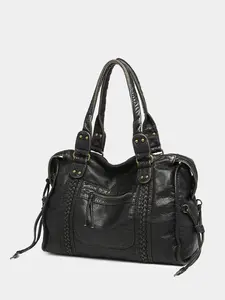Vintage Black Faux Leather Handbag for Women - Stylish Shoulder Tote with Zipper Pocket - Trendy Daily Purse for Any Look