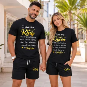 Couples’ Matching King Queen Crown Print Outfit, Short Sleeve T-Shirt and Shorts Set, Casual Summer Two-Piece Set for Beach and Travel