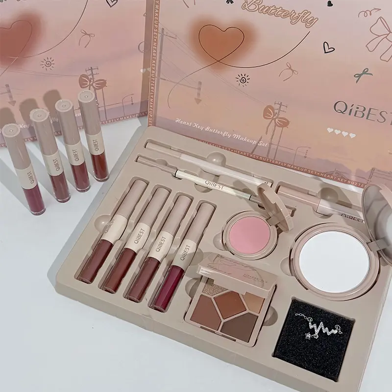 Qibest Makeup Palette Set, Makeup Combo, Lip Gloss & Cream, Blush, Eyeshadow Powder, Brow Pencil, Eyeliner Pen, Necklace, Full Face Kit, Beauty Bundle Kit, Gift for Her