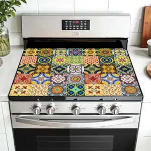 Bohemian Floral Design Non-Slip Rubber Grill Mat, Stove Panel Protector, Kitchen Decoration, Kitchen Decorative Placemat, Easy Clean, Multi-Purpose Stove Cover