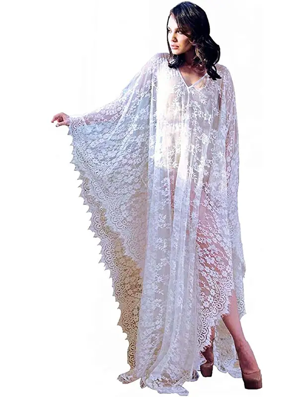 Women's Plus Size White Lace Kaftan Swimsuit Coverup - Sheer Long Sleeve Boho Casual Dress, Beach Bathing Suit Kimono Robe, Sheer Cover-Up Casual Dresses, Swimsuit Coverups