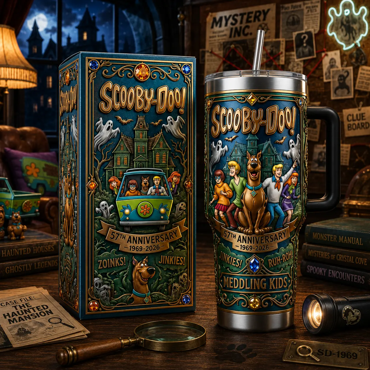 Scooby-Doo 57th Anniversary 1969–2026 40oz Stainless Steel Tumbler with Handle & Straw – Mystery Inc. Vacuum Insulated Travel Mug, Retro Haunted Adventure Collector Gift for Fans.