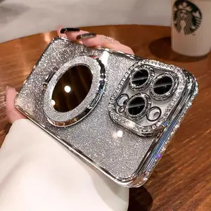 Silver Color Gradient Glitter Diamond Phone Case, Electroplated Anti-Drop Protective Soft Shell with Makeup Mirror, Full Lens Protection for iPhone