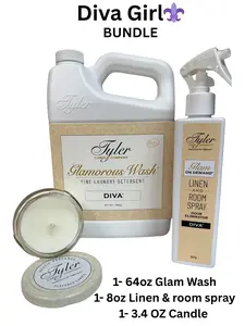 Tyler Candle Company DIVA GIRL BUNDLE OPTION 1 - 64 oz Glam Wash, 8 oz Glam on Demand Linen & Room Spray, 3.4 oz Candle